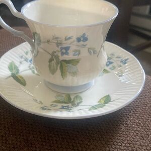 VINTAGE QUEEN'S ROSINA BONE CHINA TEACUP & SAUCER SET WHITE BLUE GREEN FLORAL